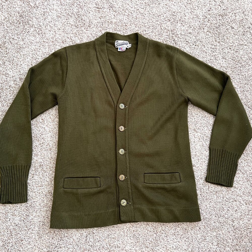 60's Unisex Cardigan - Broadway Knitting Mills - Olive Green-Size 38 Sm/Med